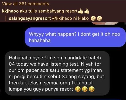 Salah seorang calon SPM yang menghantar mesej menceritakan sebab Salang Layang Resort dicari